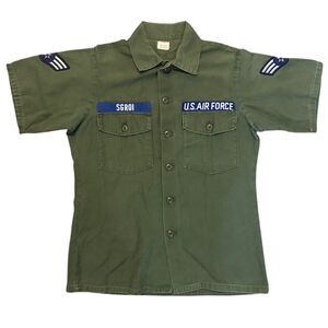 Vintage US Air Force Shirt Mens 15.5x35 Green Utility OG 107 Sateen Patch 70s